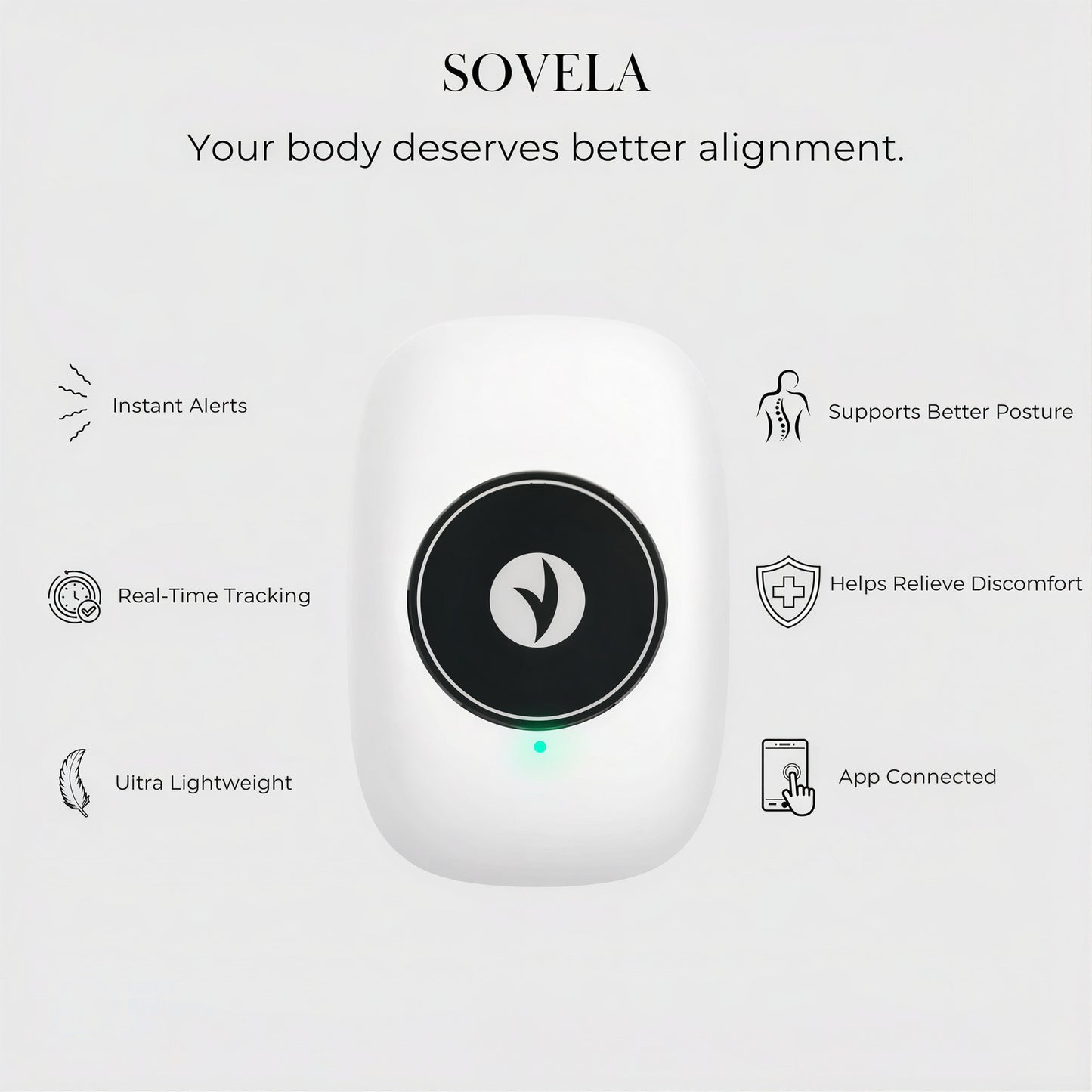 Sovela Smart Posture Trainer features infographic – instant alerts, real-time tracking, app connected, ultra lightweight, supports better posture