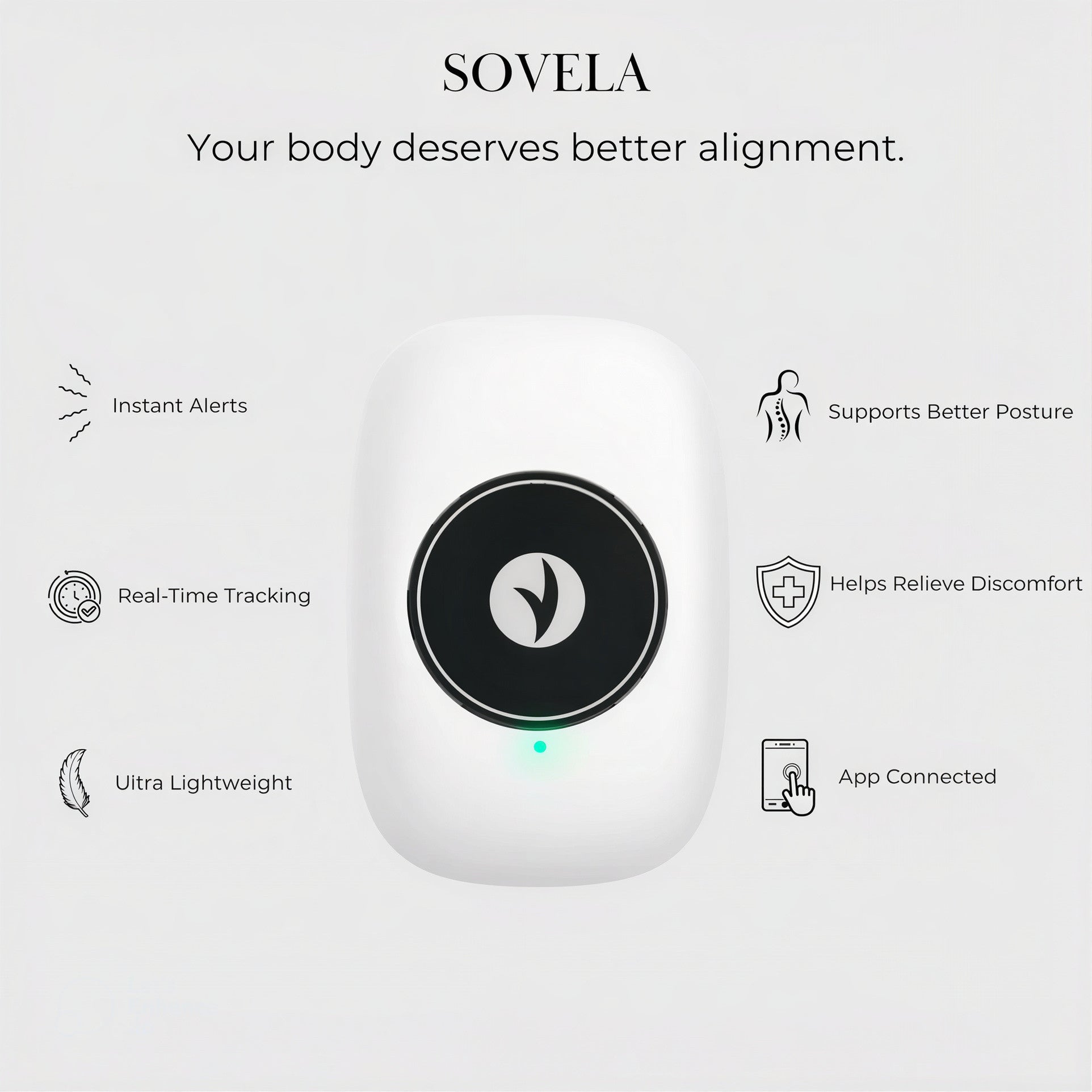 Sovela Smart Posture Trainer features infographic – instant alerts, real-time tracking, app connected, ultra lightweight, supports better posture