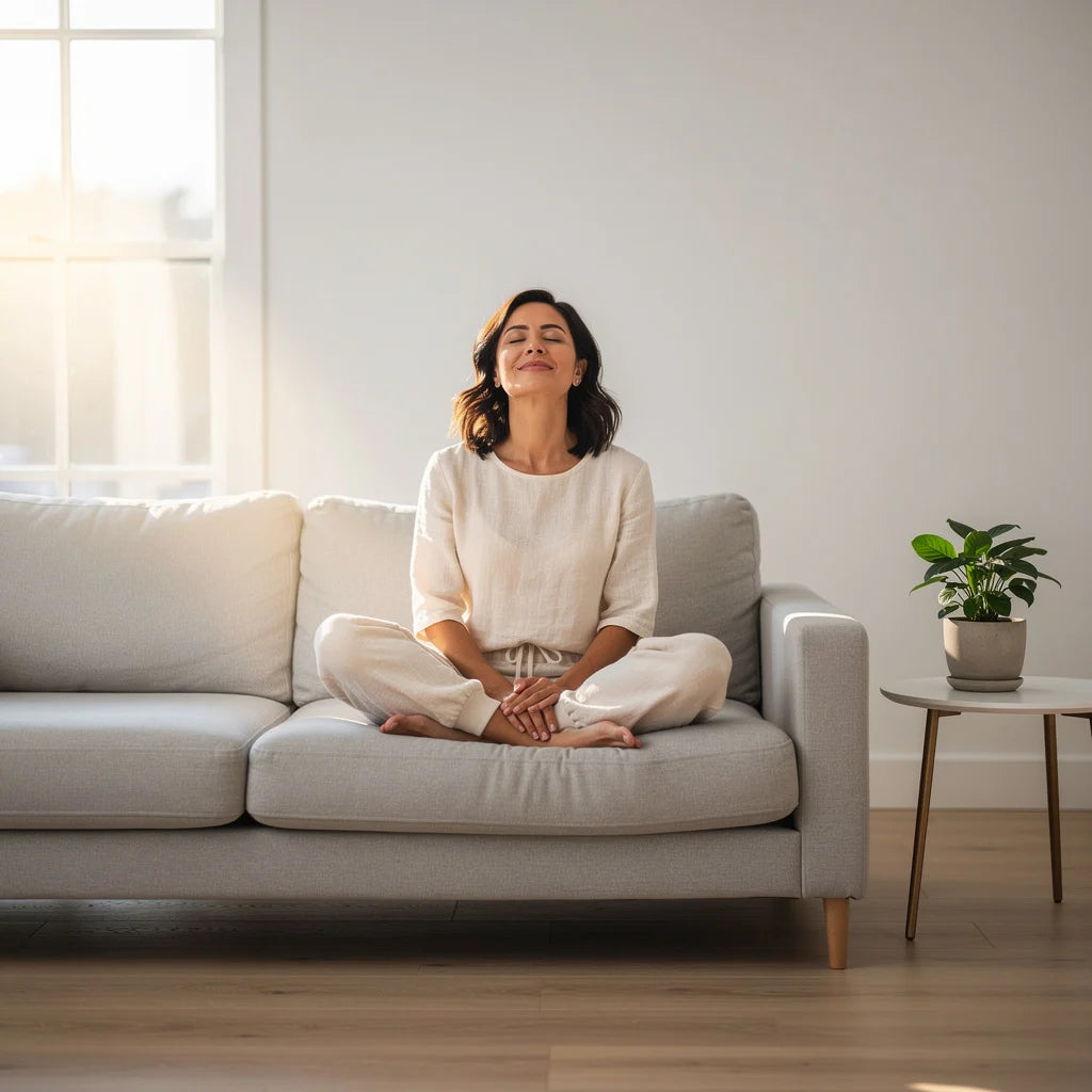 Sovela happy calming health and wellness crossed legs sitting on couch smiling