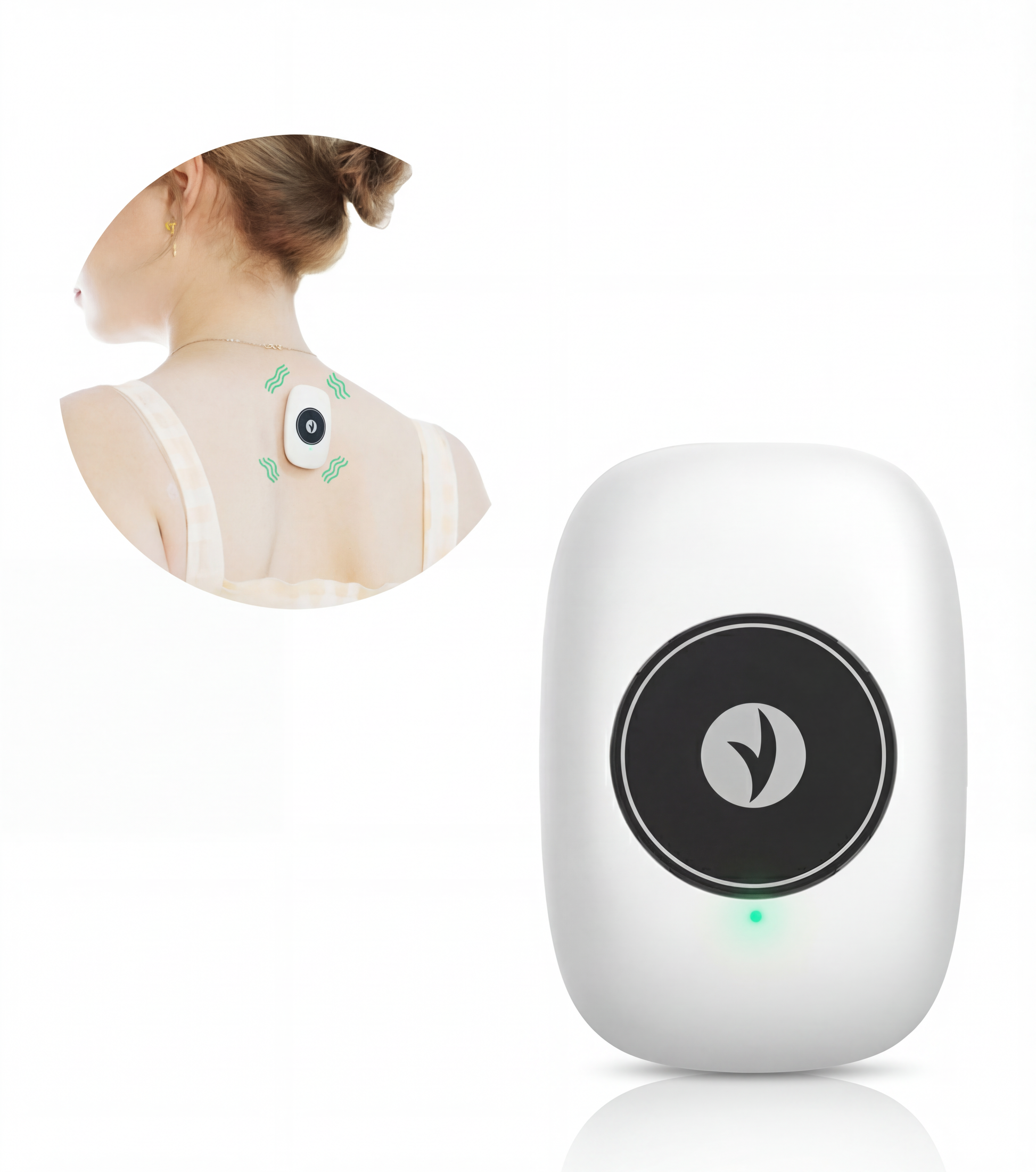 Sovela Smart Posture Trainer worn on upper back – woman wearing posture corrector device on neck and back