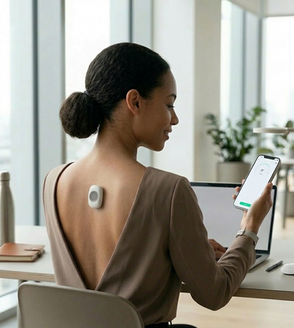 Woman using Sovela Smart Posture Trainer at work – wearable posture corrector worn at desk while tracking posture on smartphone app