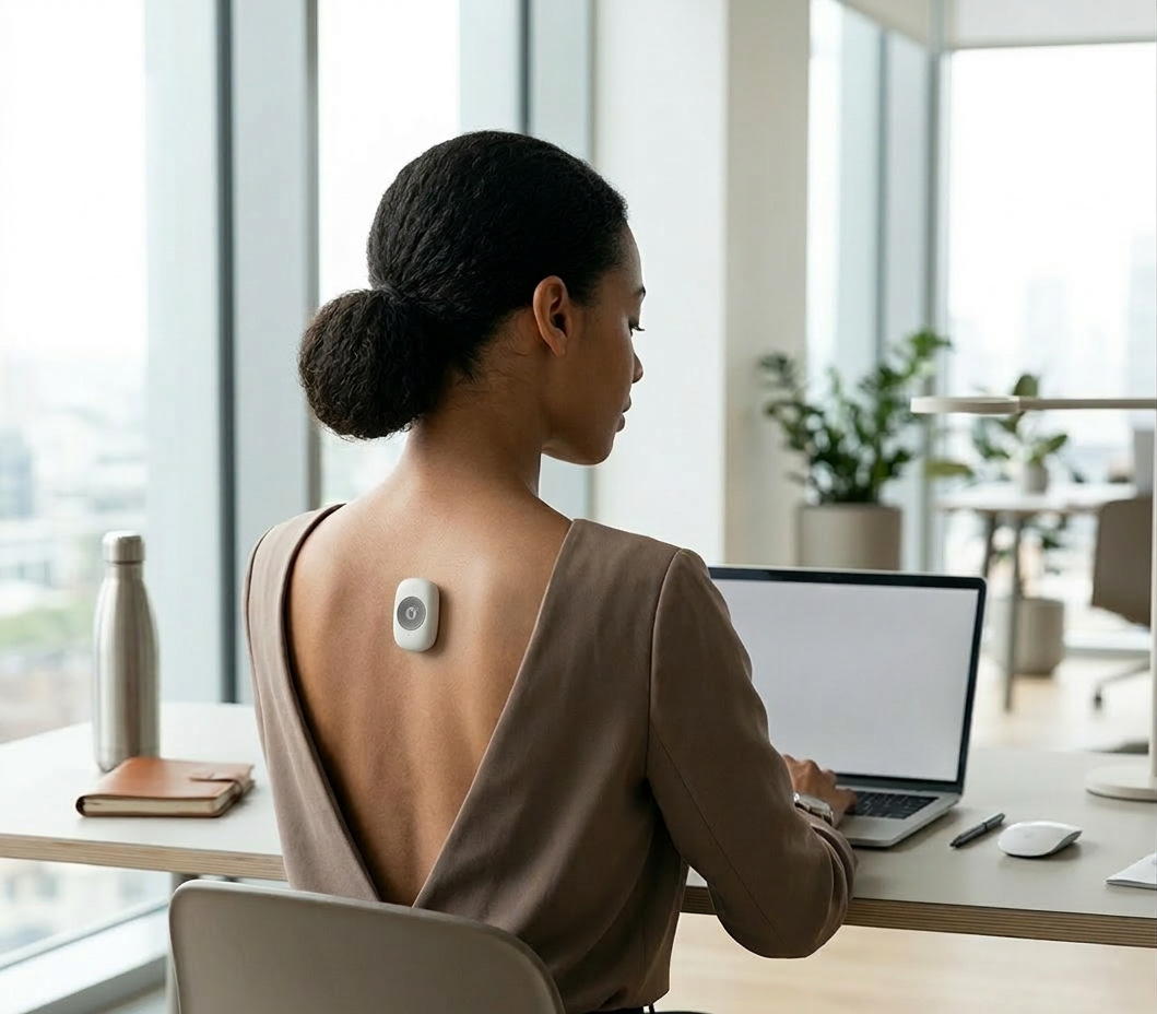 Woman wearing Sovela Smart Posture Trainer while working at laptop – back posture corrector for all-day desk use