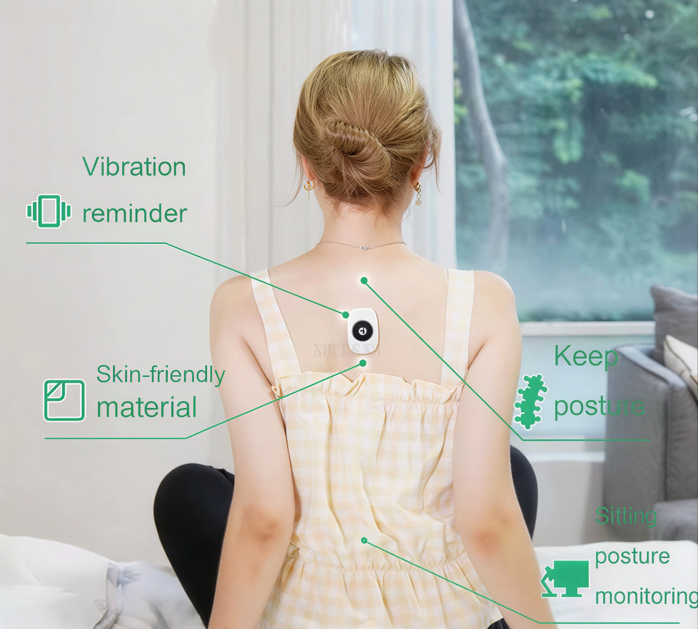 Sovela posture trainer features – vibration reminder, skin-friendly material, smart posture monitoring shown on woman sitting at home