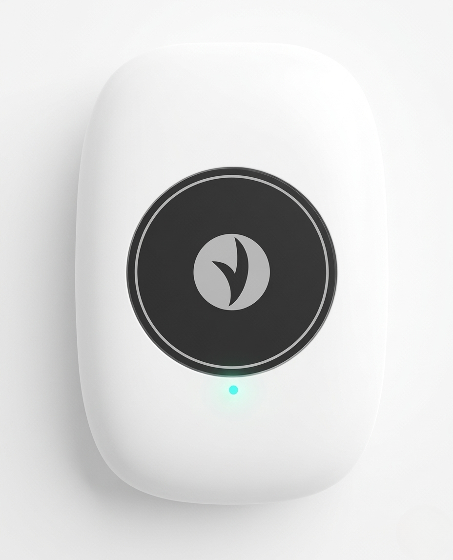 Sovela Smart Posture Trainer close-up – front view of white posture corrector device with black circular sensor and Sovela logo