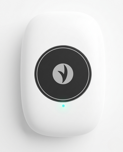 Sovela Smart Posture Trainer close-up – front view of white posture corrector device with black circular sensor and Sovela logo